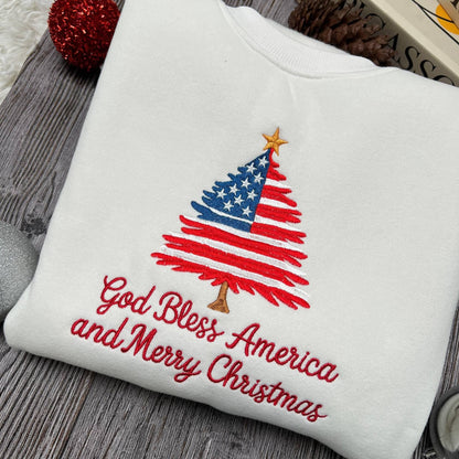 Patriotic Christmas Tree Embroidered Shirt, USA Flag Holiday Embroidery Tee, Festive New Year Embroidered Top, Christmas Embroidery Gift
