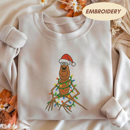 Embroidered Marcus The Worm Sweatshirt, Funny Christmas Lights Shirt, Weirdcore Holiday Gift, Meme Embroidery, Santa Worm Green Crewneck