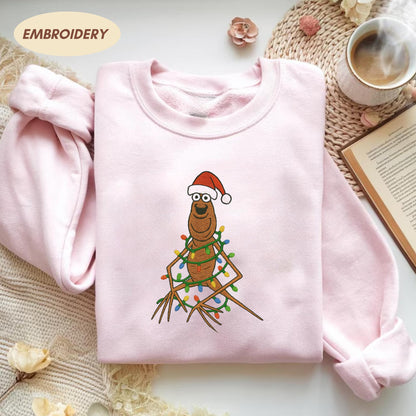 Embroidered Marcus The Worm Sweatshirt, Funny Christmas Lights Shirt, Weirdcore Holiday Gift, Meme Embroidery, Santa Worm Green Crewneck