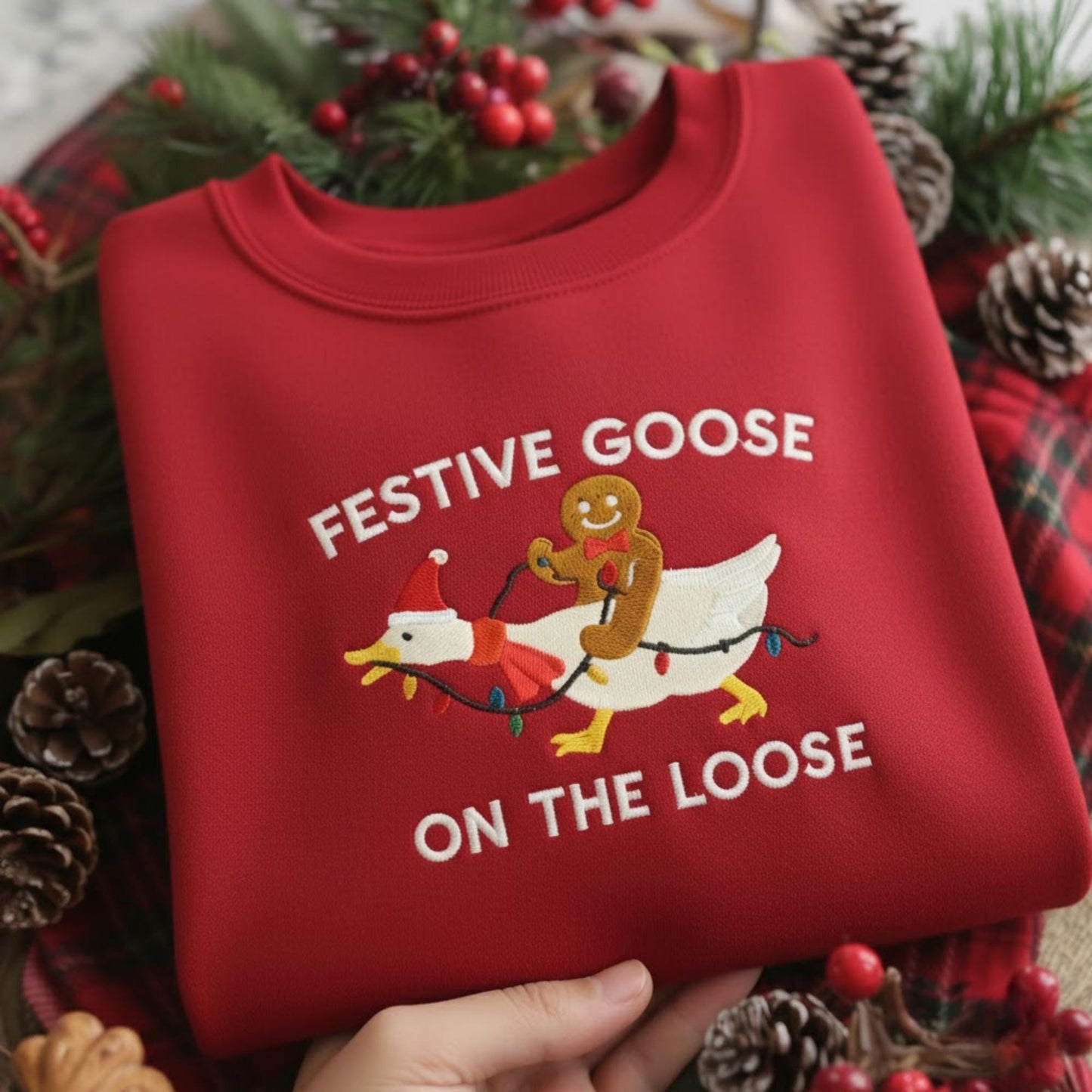 Festive Goose On The Loose Funny Christmas Embroidered Shirt: Gingerbread Holiday Tee, Cute Xmas Duck Graphic Top,  Silly Goose Gift For Her
