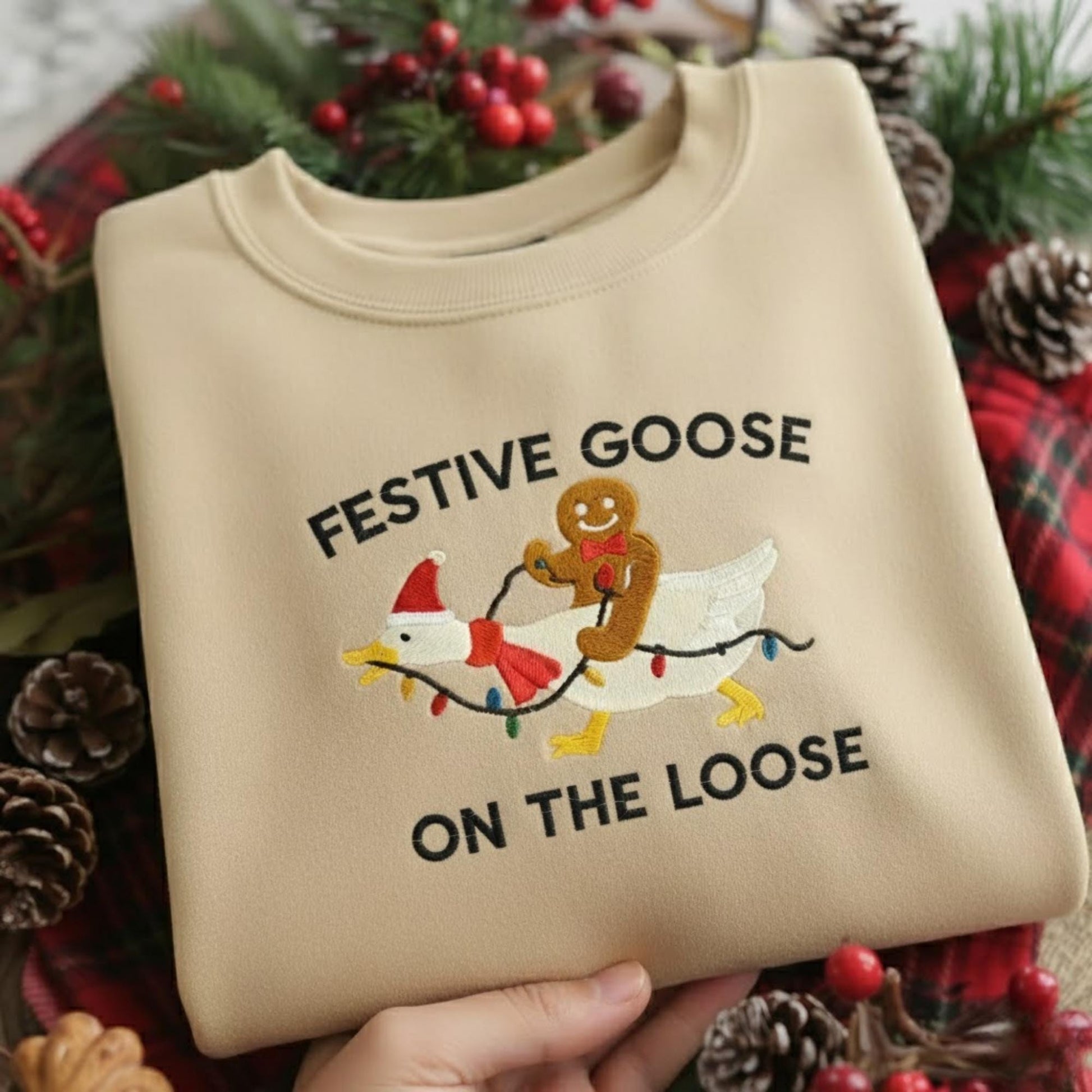 Festive Goose On The Loose Funny Christmas Embroidered Shirt: Gingerbread Holiday Tee, Cute Xmas Duck Graphic Top,  Silly Goose Gift For Her