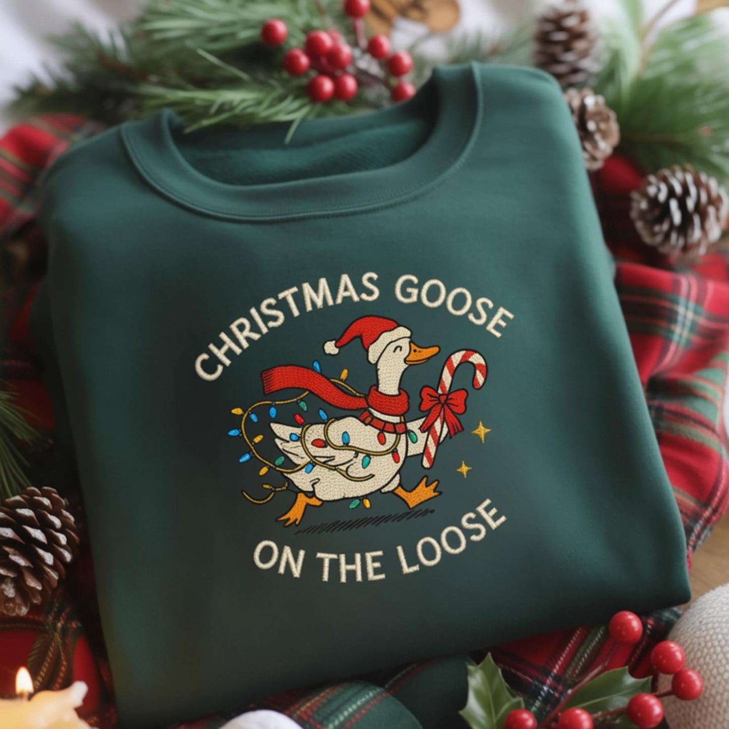 Christmas Goose On The Loose Christmas Embroidered Sweatshirt, Embroidered Holiday Bird Gift, Funny Xmas Lights Animal Hoodie, Silly Goose