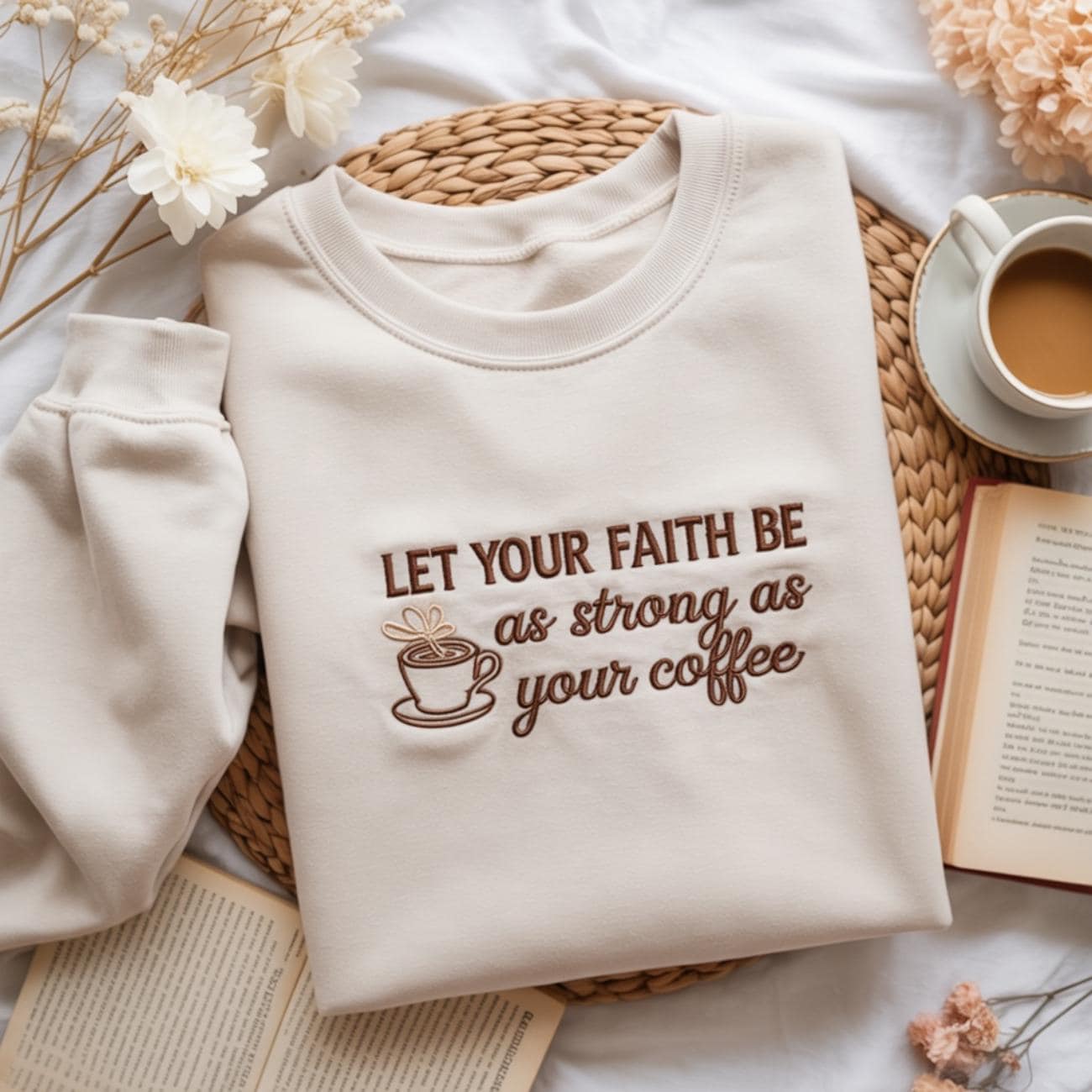 Embroidered Let Your Faith Be as Strong as Your Coffee Sweatshirt, Christian Quote Crewneck, Faith Holiday Shirt, Religious Gift for Her