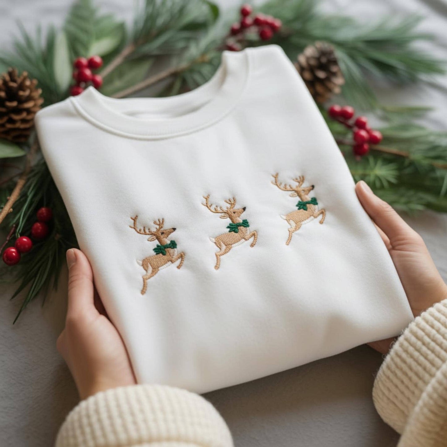 Embroidered Reindeer Christmas Sweatshirt, Cute Holiday Crewneck Hoodie, Festive Reindeer Sweater, Cozy Xmas Gift for Her