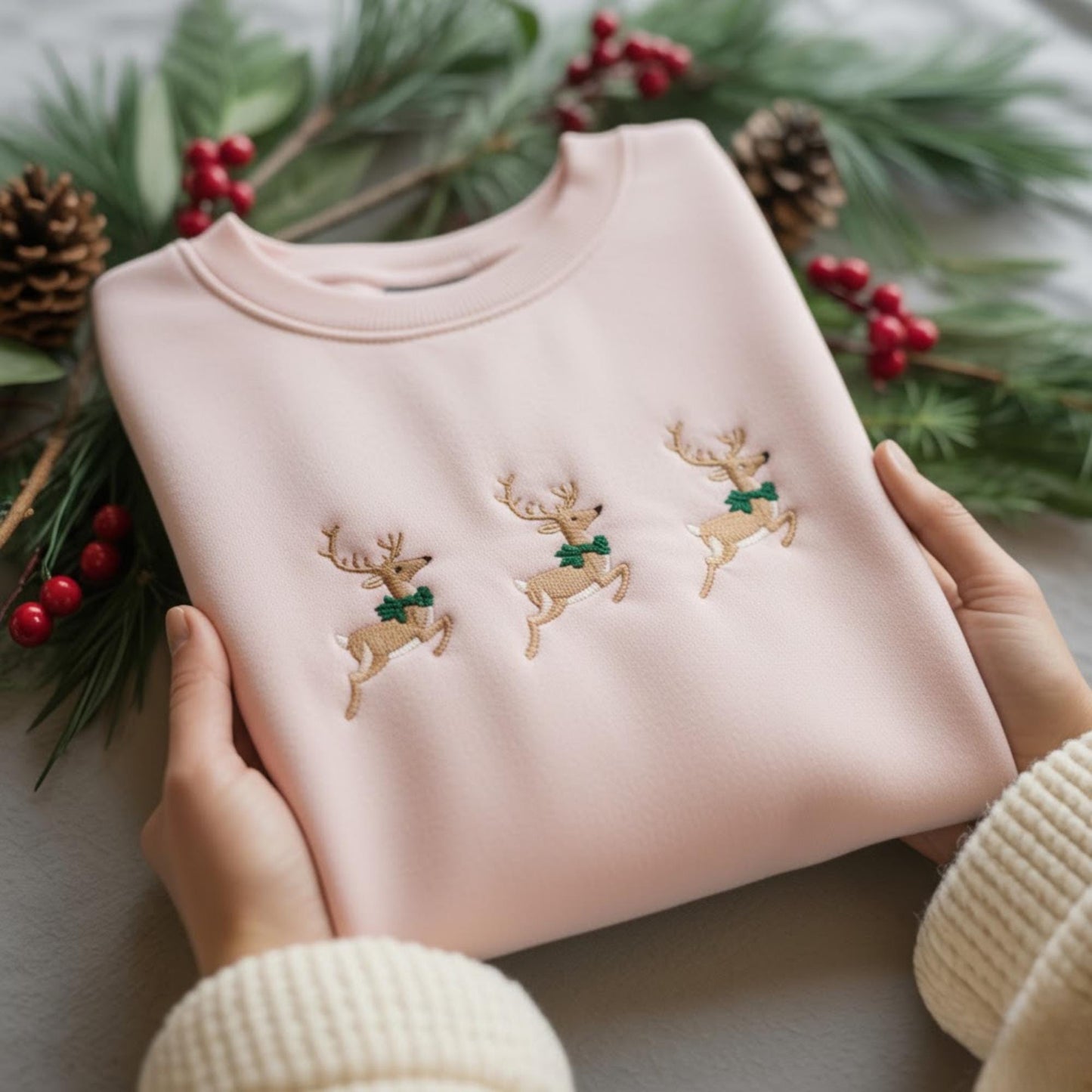 Embroidered Reindeer Christmas Sweatshirt, Cute Holiday Crewneck Hoodie, Festive Reindeer Sweater, Cozy Xmas Gift for Her