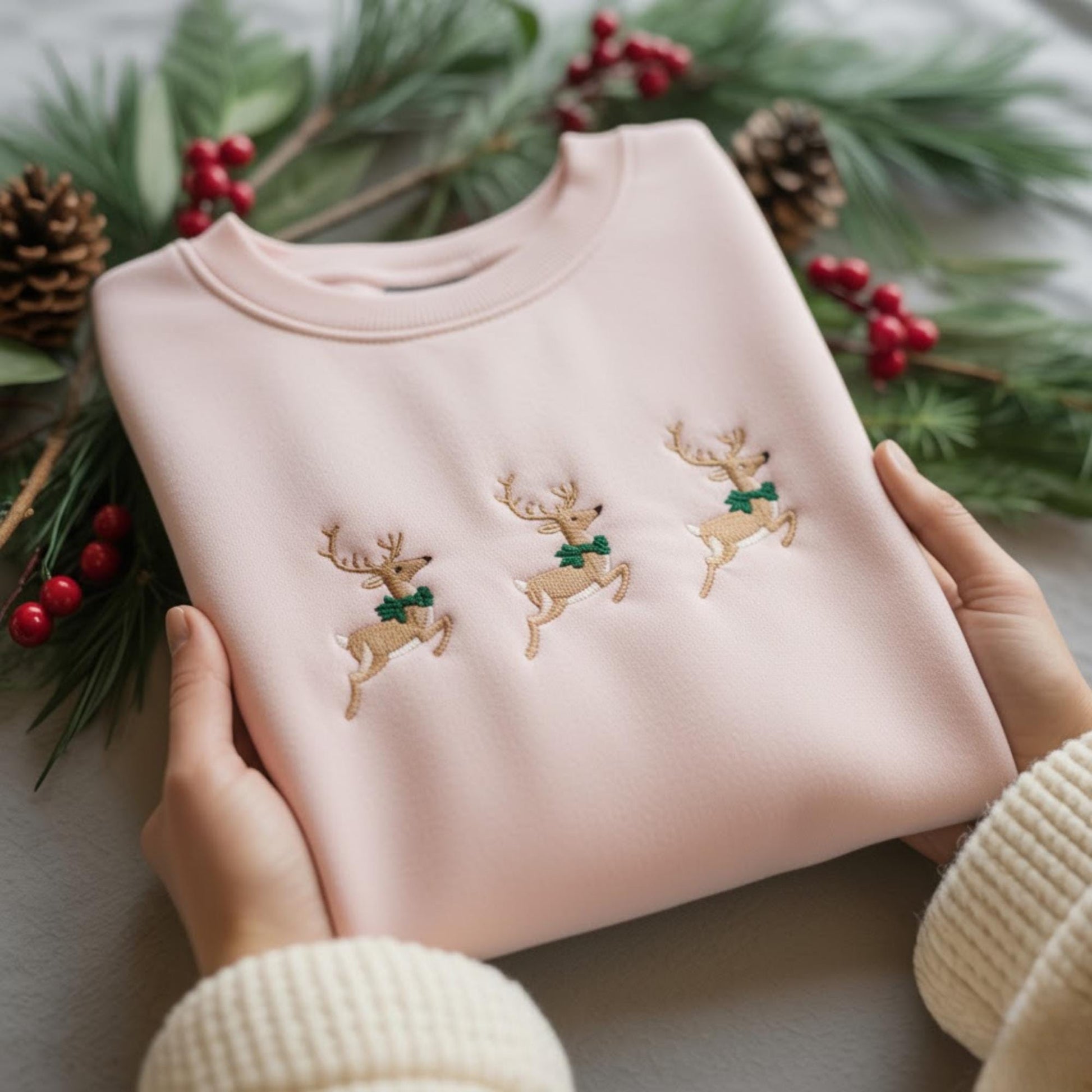 Embroidered Reindeer Christmas Sweatshirt, Cute Holiday Crewneck Hoodie, Festive Reindeer Sweater, Cozy Xmas Gift for Her