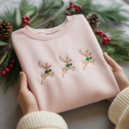 Embroidered Reindeer Christmas Sweatshirt, Cute Holiday Crewneck Hoodie, Festive Reindeer Sweater, Cozy Xmas Gift for Her