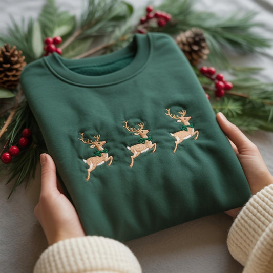 Embroidered Reindeer Christmas Sweatshirt, Cute Holiday Crewneck Hoodie, Festive Reindeer Sweater, Cozy Xmas Gift for Her