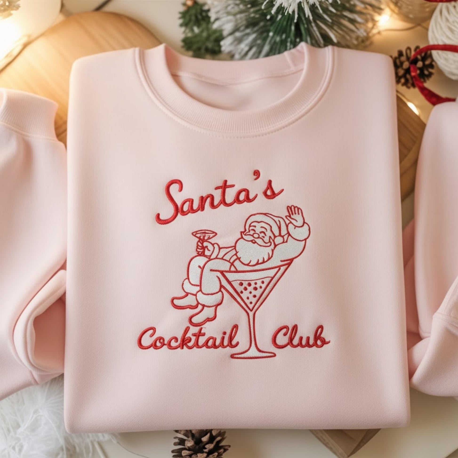 Santa with Martini Embroidered Christmas Shirt, Funny Holiday Cocktail Club Crewneck, Vintage Santa Sweatshirt, Xmas Party Gift