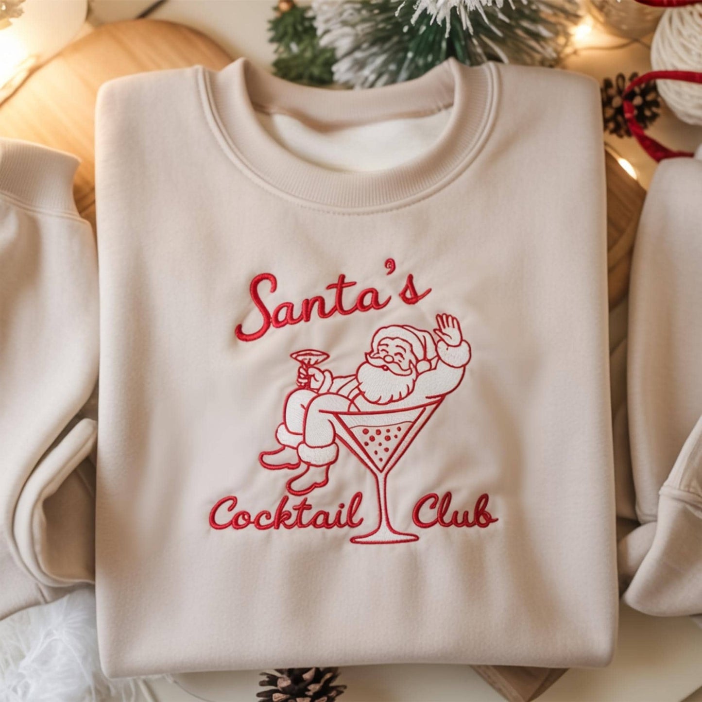 Santa with Martini Embroidered Christmas Shirt, Funny Holiday Cocktail Club Crewneck, Vintage Santa Sweatshirt, Xmas Party Gift