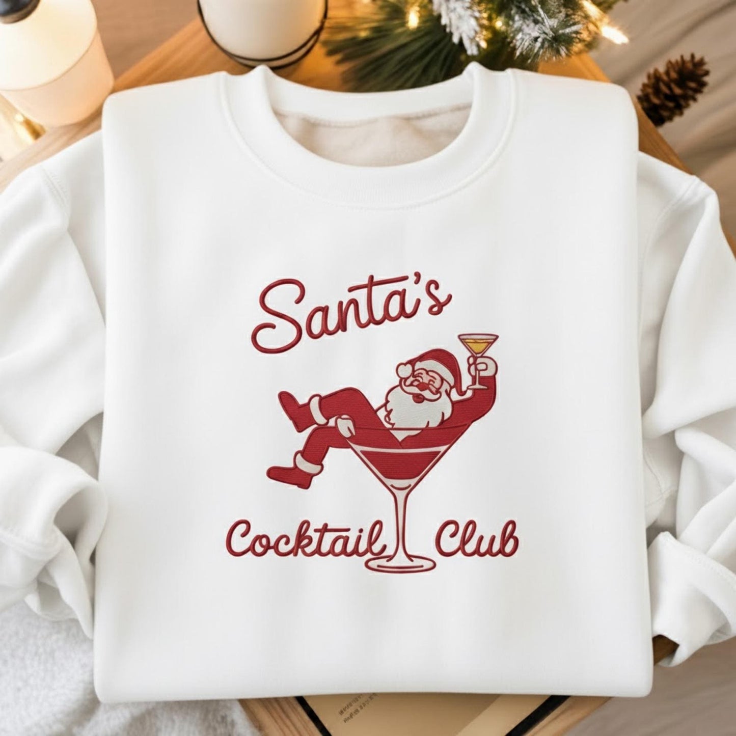 Embroidered Santa Christmas Shirt, Funny Santa with Martini Crewneck, Holiday Cocktail Party Sweatshirt, Vintage Xmas Gift for Her
