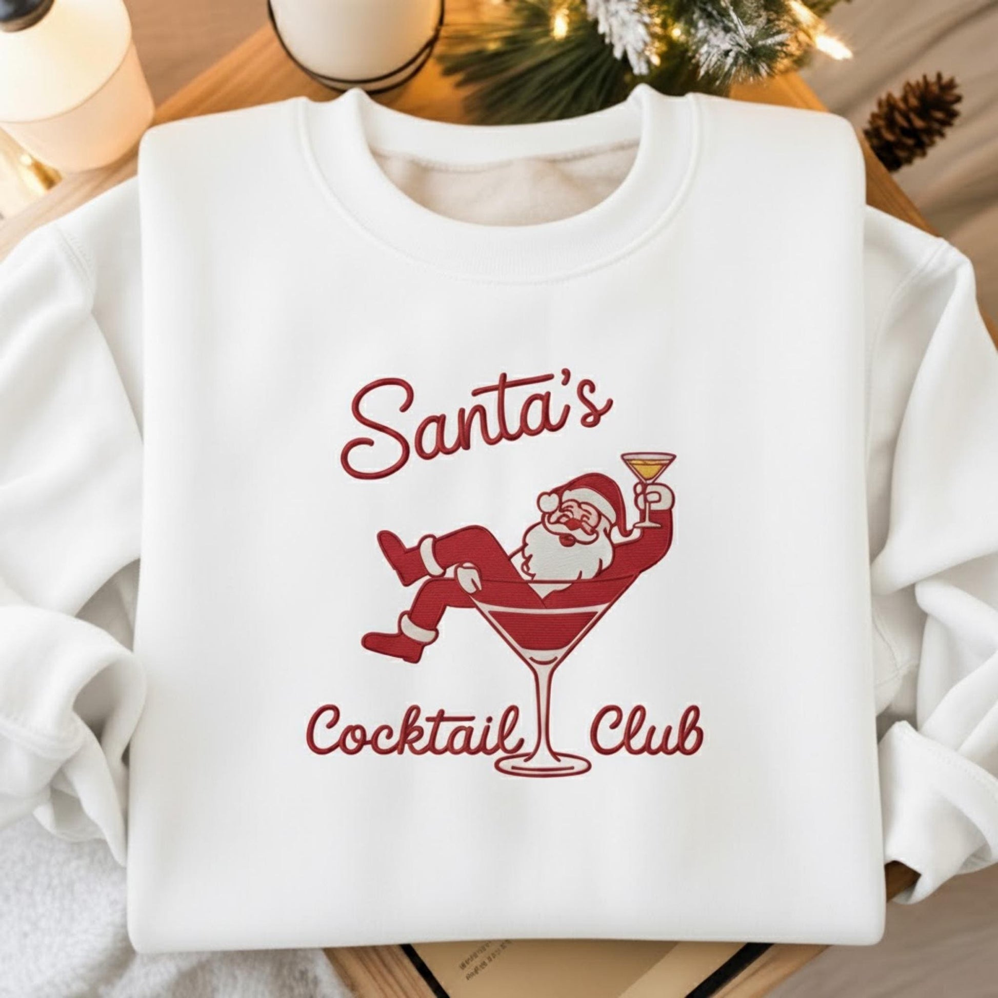 Embroidered Santa Christmas Shirt, Funny Santa with Martini Crewneck, Holiday Cocktail Party Sweatshirt, Vintage Xmas Gift for Her