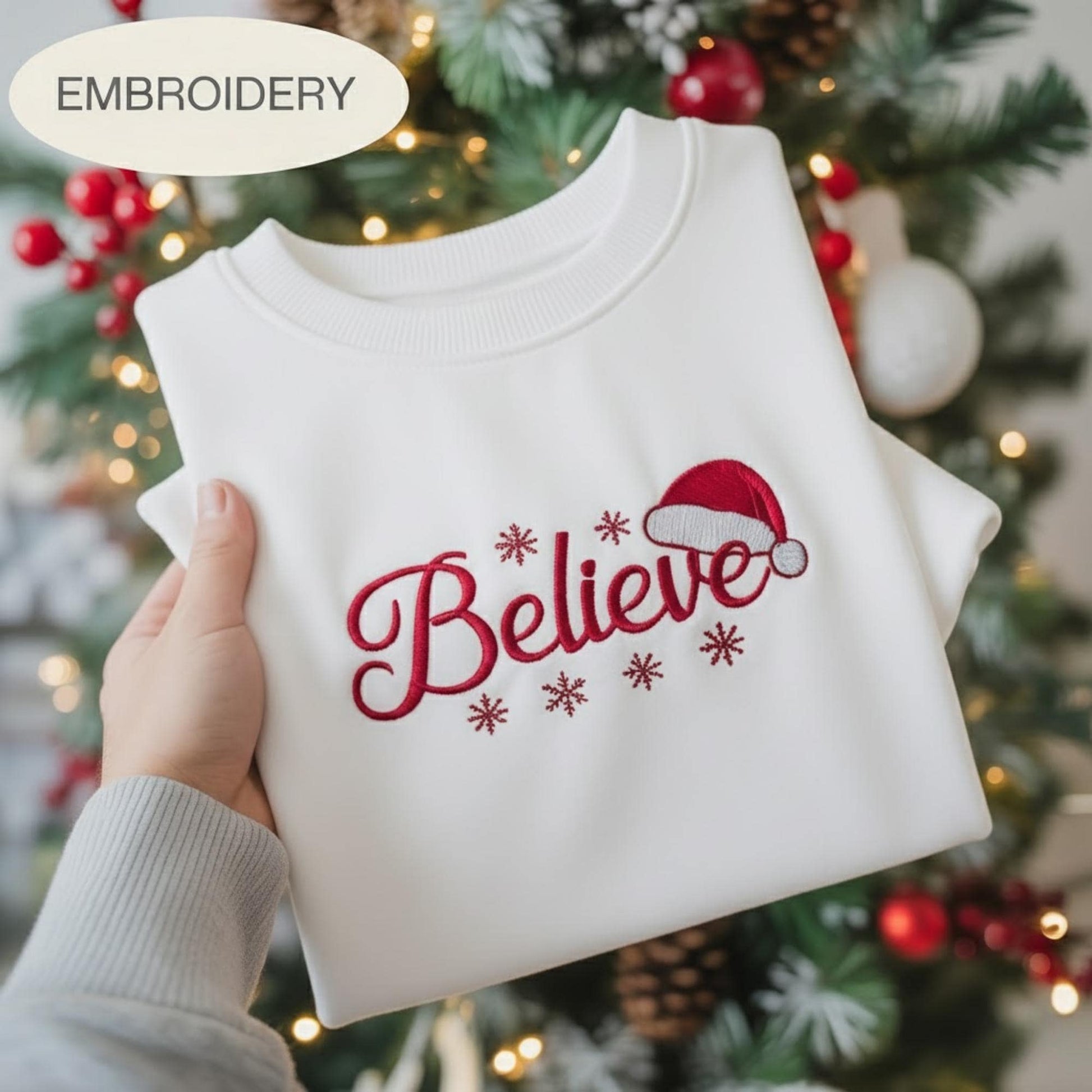 Believe Embroidered Christmas Sweatshirt, Santa Embroidery Crewneck, Tis The Season Holiday Sweater, Xmas Sweatshirt, Gift for Her