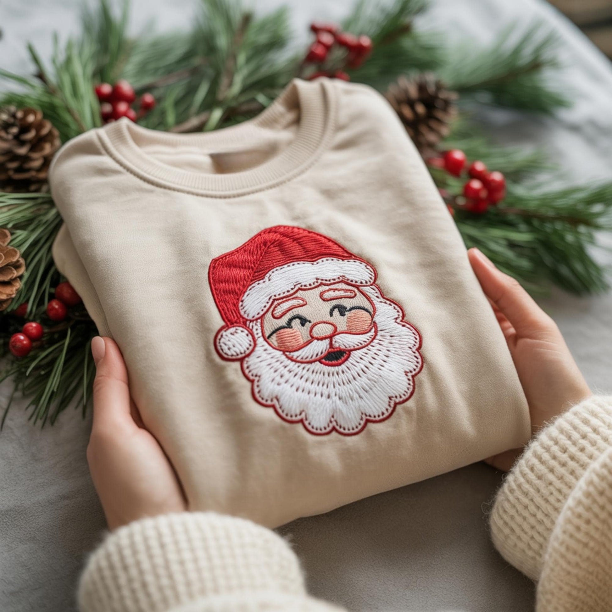 Vintage Santa Claus Embroidered Christmas Shirt, Retro Santa Face Holiday Tee, Cute St Nick Crewneck, Classic Christmas Embroidery Gift