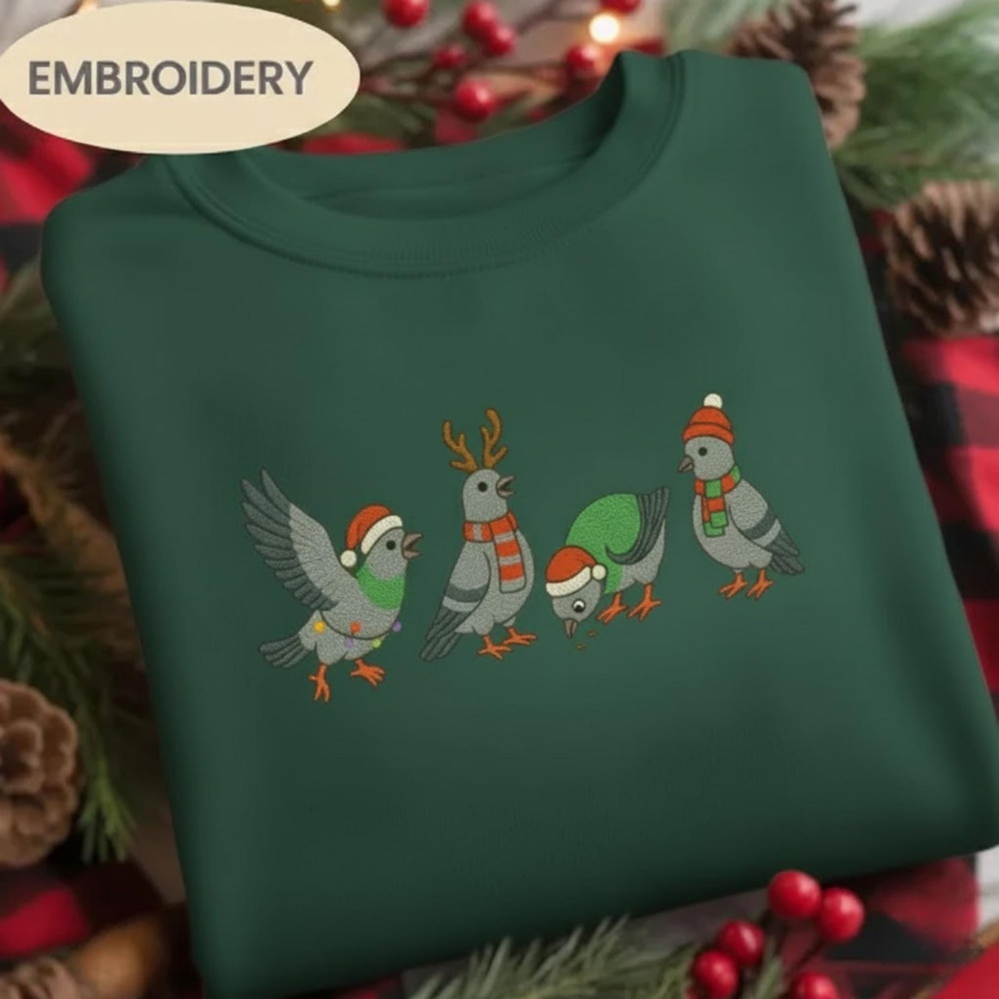 Christmas Pigeon Embroidered Shirt, Funny Bird Holiday Crewneck, Ugly Xmas Sweater Style Top, Cute Animal Lover Winter Gift for Her