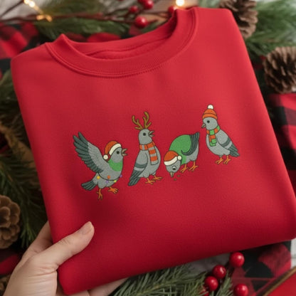 Christmas Pigeon Embroidered Shirt, Funny Bird Holiday Crewneck, Ugly Xmas Sweater Style Top, Cute Animal Lover Winter Gift for Her