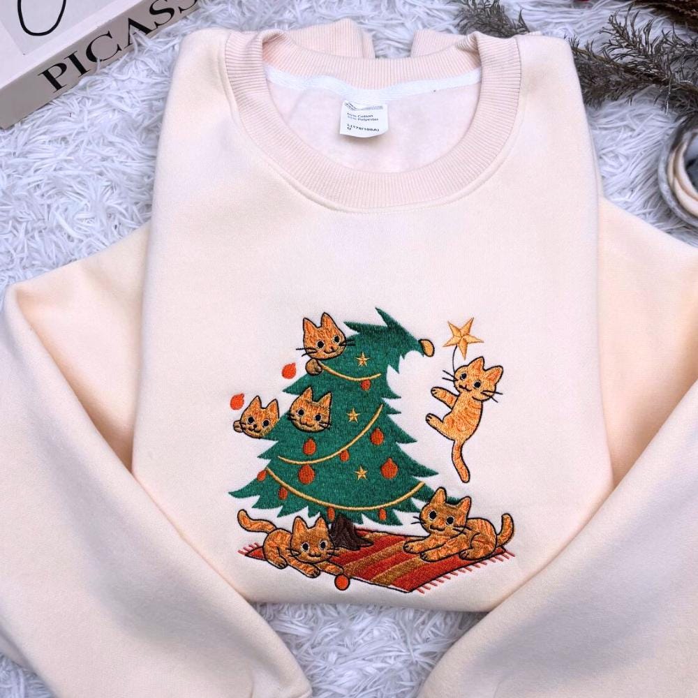 Orange Cat Embroidered Christmas Sweatshirt, Funny Embroidery Cat Shirt, Cute Orange Cat Lover Hoodie, Meowy Christmas Sweater Gift