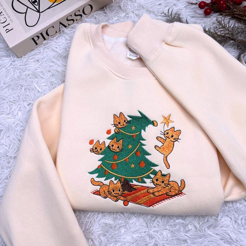 Orange Cat Embroidered Christmas Sweatshirt, Funny Embroidery Cat Shirt, Cute Orange Cat Lover Hoodie, Meowy Christmas Sweater Gift