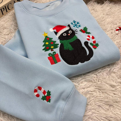 Funny Christmas Cat Embroidered Sweatshirt | Holiday Cat Lover Hoodie | Cute Embroidered Christmas Sweater Gift