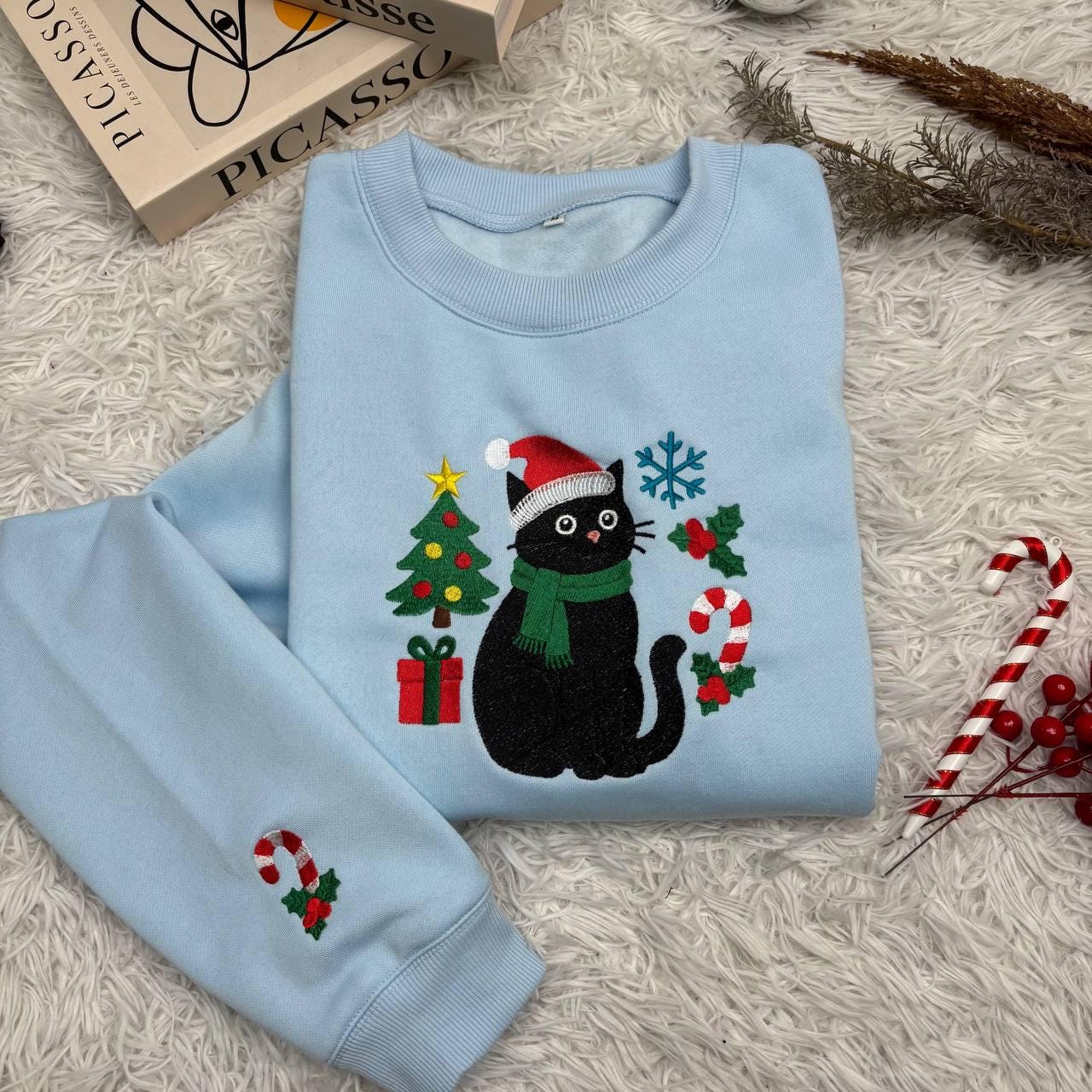 Funny Christmas Cat Embroidered Sweatshirt | Holiday Cat Lover Hoodie | Cute Embroidered Christmas Sweater Gift