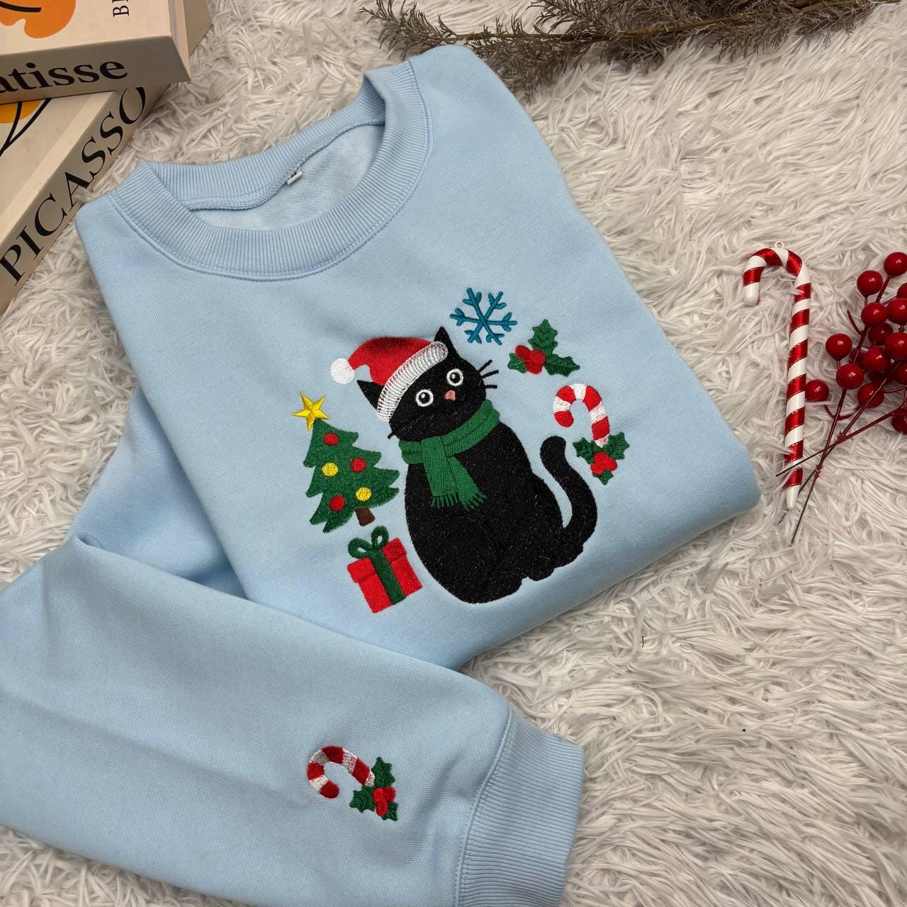 Funny Christmas Cat Embroidered Sweatshirt | Holiday Cat Lover Hoodie | Cute Embroidered Christmas Sweater Gift