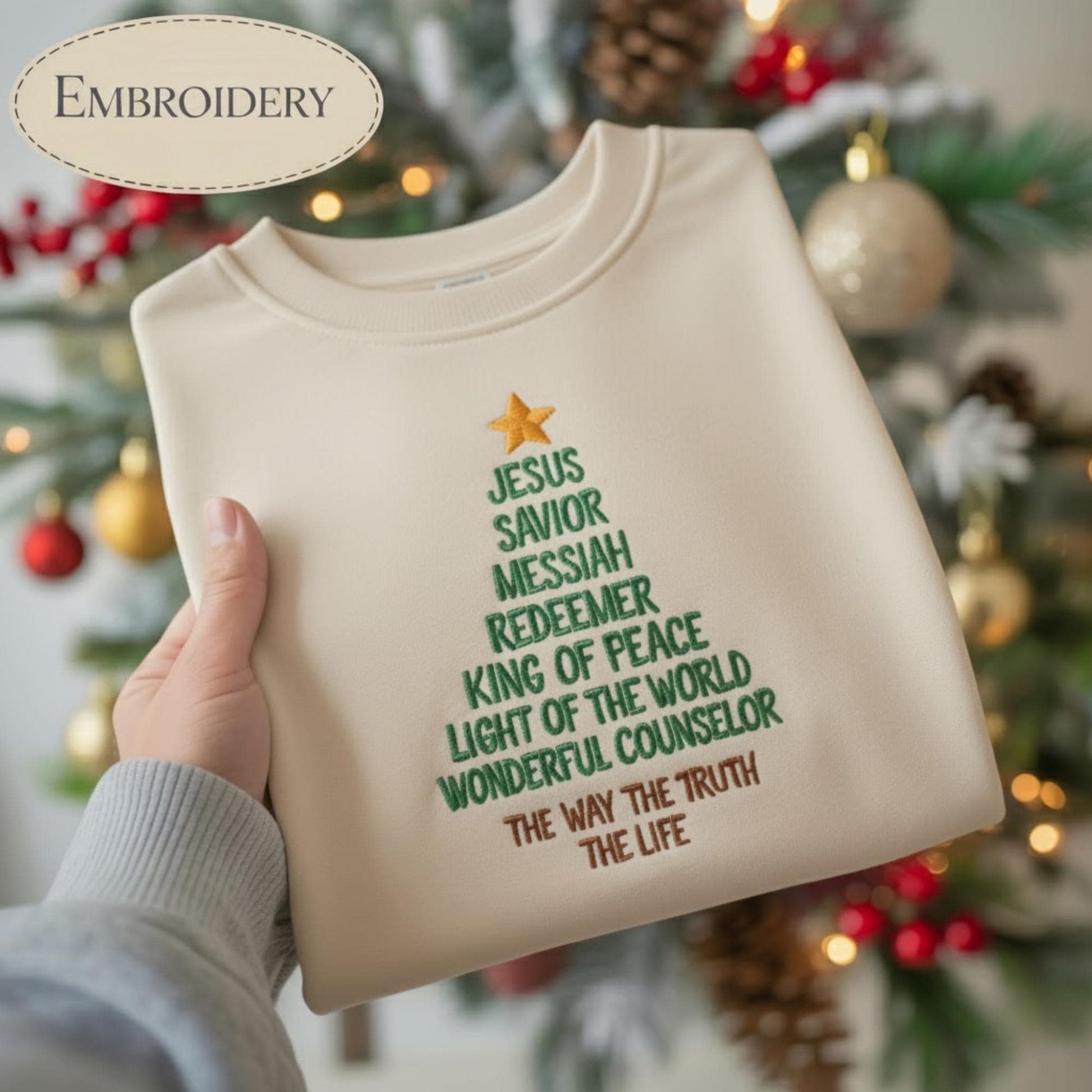 Jesus Savior Messiah Redeemer Christmas Embroidered Tree Shirt, Christian Faith Holiday Tee, Religious Nativity Crewneck Gift for Her