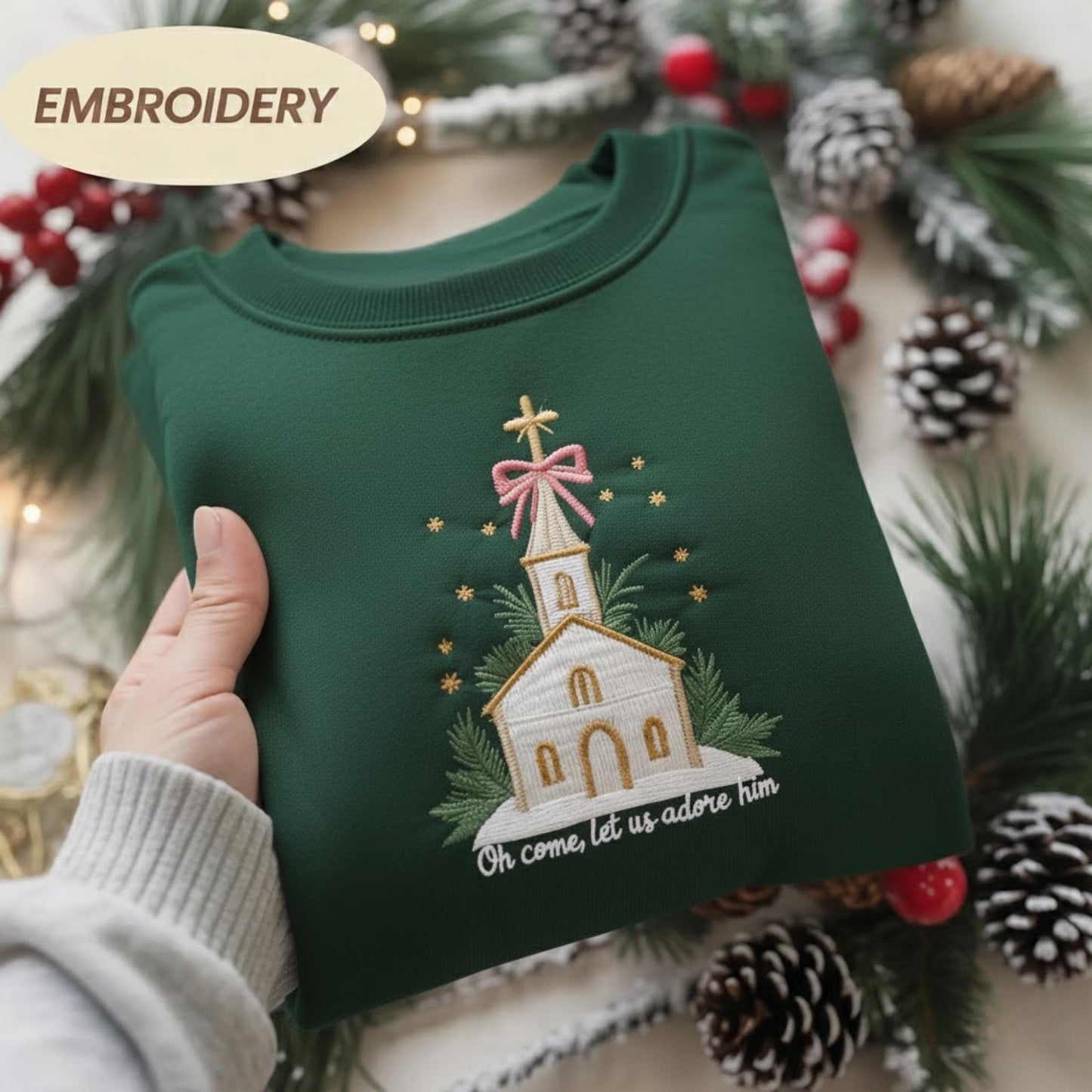 Oh Come Let Us Adore Him Embroidered Christmas Shirt, Christian Faith Holiday Crewneck, Religious Nativity Sweatshirt, Jesus Gift for Her