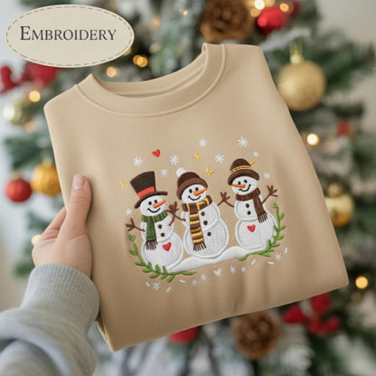 Three Snowmen Embroidered Christmas Sweatshirt, Cute Winter Holiday Crewneck, Funny Snowman Shirt, Cozy Festive Xmas Sweater Gift for Her